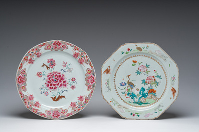 Four Chinese famille rose dishes with birds and flowers, Qianlong