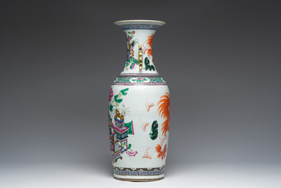 A Chinese famille rose and iron-red vase with a double design of antiquities and Buddhist lions, 19th C.
