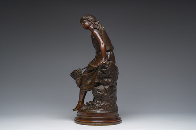 Auguste Moreau (1834-1917): 'P&egrave;cheuse de crevettes', brown patinated bronze, marked 'Soci&eacute;t&eacute; des bronzes de Paris'