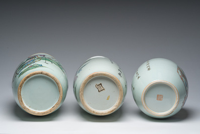 Twee Chinese famille rose vazen met Magu in een landschap en een doucai dekselpot met antiquiteiten, 19de/20ste eeuw