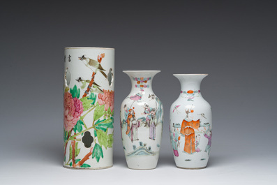A Chinese reticulated qianjiang cai hatstand with birds among blossoming branches and two famille rose vases with animated design, 19th/20th C.