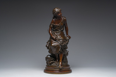 Auguste Moreau (1834-1917): 'P&egrave;cheuse de crevettes', brown patinated bronze, marked 'Soci&eacute;t&eacute; des bronzes de Paris'