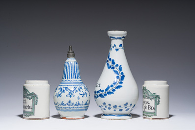 Four French blue, white and polychrome pottery pharmacy jars and bottles, a.o. Lyon and Rouen, 17th/18th C.