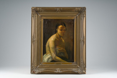 &Eacute;cole fran&ccedil;aise, monogramm&eacute; JFM (Jean Fran&ccedil;ois Millet, 1814-1875 ?): Le mod&egrave;le f&eacute;minin, huile sur papier maroufl&eacute; sur panneau, 19&egrave;me si&egrave;cle