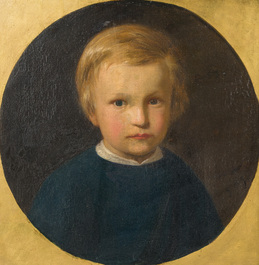 J. May (19de eeuw): Twee kinderportretten, olie op doek en doek gemaroufleerd op board, &eacute;&eacute;n gedateerd 18(..)