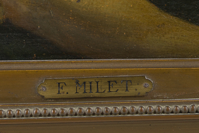 &Eacute;cole fran&ccedil;aise, monogramm&eacute; JFM (Jean Fran&ccedil;ois Millet, 1814-1875 ?): Le mod&egrave;le f&eacute;minin, huile sur papier maroufl&eacute; sur panneau, 19&egrave;me si&egrave;cle