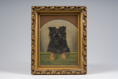 Sophie Pir (1858-1936): A dog leaning on a bench, oil on canvas