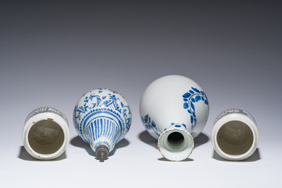 Four French blue, white and polychrome pottery pharmacy jars and bottles, a.o. Lyon and Rouen, 17th/18th C.