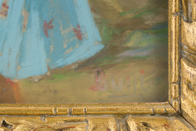 Ferdinand Buyle (1872&ndash;1950): Portret van een klein meisje met een pop aan het strand, pastel op papier, gedateerd (19)38