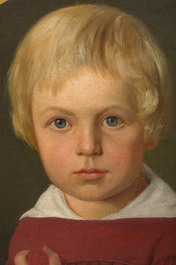 J. May (19de eeuw): Twee kinderportretten, olie op doek en doek gemaroufleerd op board, &eacute;&eacute;n gedateerd 18(..)