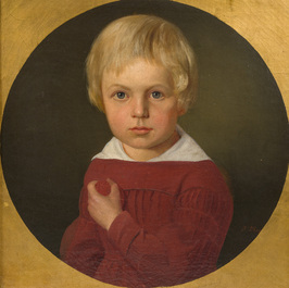 J. May (19de eeuw): Twee kinderportretten, olie op doek en doek gemaroufleerd op board, &eacute;&eacute;n gedateerd 18(..)