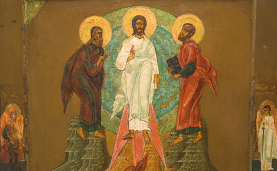 Een grote Russisch-orthodoxe 'Gedaanteverandering van Jezus op de berg Tabor' icoon, 18de/19de eeuw