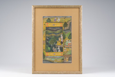 Indian school: A large miniature depicting an animated landscape surrounding a hunting scene, gouache on paper, 19th/20th C.
