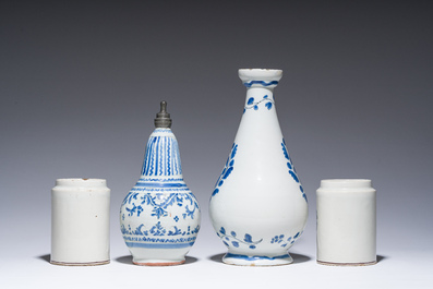 Four French blue, white and polychrome pottery pharmacy jars and bottles, a.o. Lyon and Rouen, 17th/18th C.