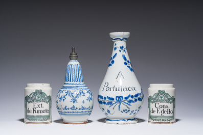 Four French blue, white and polychrome pottery pharmacy jars and bottles, a.o. Lyon and Rouen, 17th/18th C.