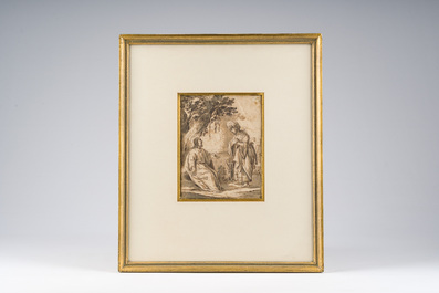 Dutch school: Christ and the Samaritan woman, washed ink drawing on paper, 17th C.