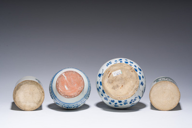 Four French blue, white and polychrome pottery pharmacy jars and bottles, a.o. Lyon and Rouen, 17th/18th C.