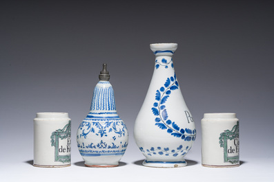 Four French blue, white and polychrome pottery pharmacy jars and bottles, a.o. Lyon and Rouen, 17th/18th C.