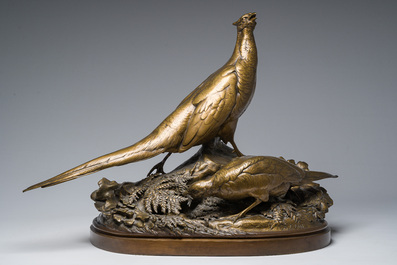Auguste Nicolas Cain (1821-1894): Twee fazanten, gepatineerd brons op een vert de mer marmeren basis, gemerkt 'Susse Fr&egrave;res Editions Paris'