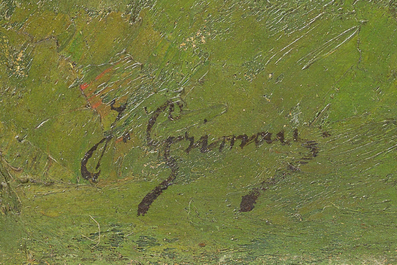 Joseph Grimau (1859-1938): Een koe op het erf van een boerderij, olie op doek