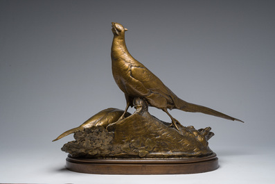 Auguste Nicolas Cain (1821-1894): Twee fazanten, gepatineerd brons op een vert de mer marmeren basis, gemerkt 'Susse Fr&egrave;res Editions Paris'