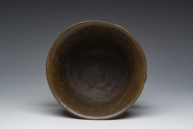 A Flemish bronze mortar with relief design and animal head-shaped handles with pestle, Petrus Van den Ghein, dated 1584, 19th C.