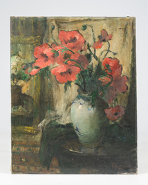 Frans Mortelmans (1865&ndash;1936): 'Red poppies in stone jar on table', oil on canvas