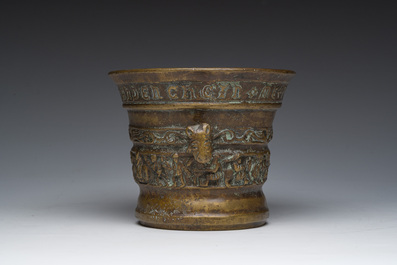 A Flemish bronze mortar with relief design and animal head-shaped handles with pestle, Petrus Van den Ghein, dated 1584, 19th C.