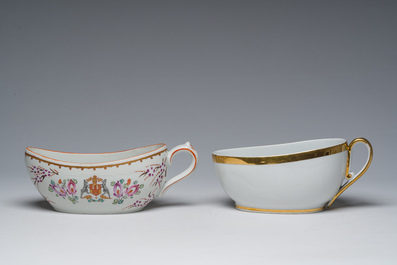 Thirteen Belgian and French gilt and polychrome decorated porcelain pharmacy jars and two bourdalous, 19th C.