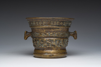 A Flemish bronze mortar with relief design and animal head-shaped handles with pestle, Petrus Van den Ghein, dated 1584, 19th C.