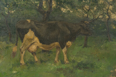 Joseph Grimau (1859-1938): Een koe op het erf van een boerderij, olie op doek