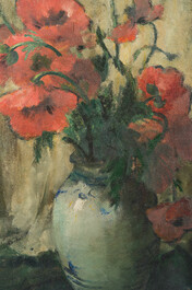 Frans Mortelmans (1865&ndash;1936): 'Red poppies in stone jar on table', oil on canvas