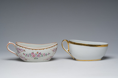Thirteen Belgian and French gilt and polychrome decorated porcelain pharmacy jars and two bourdalous, 19th C.