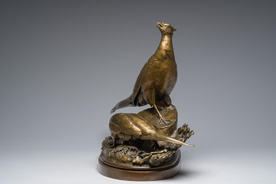 Auguste Nicolas Cain (1821-1894): Twee fazanten, gepatineerd brons op een vert de mer marmeren basis, gemerkt 'Susse Fr&egrave;res Editions Paris'