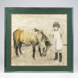 Martin Wallaert (1944): Een meisje met een shetlandpony, gemengde techniek op papier