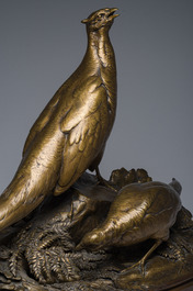 Auguste Nicolas Cain (1821-1894): Twee fazanten, gepatineerd brons op een vert de mer marmeren basis, gemerkt 'Susse Fr&egrave;res Editions Paris'