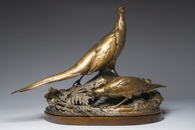 Auguste Nicolas Cain (1821-1894): Twee fazanten, gepatineerd brons op een vert de mer marmeren basis, gemerkt 'Susse Fr&egrave;res Editions Paris'
