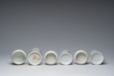 Thirteen Belgian and French gilt and polychrome decorated porcelain pharmacy jars and two bourdalous, 19th C.