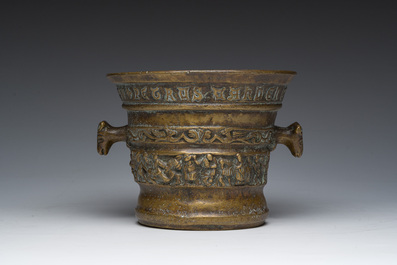 A Flemish bronze mortar with relief design and animal head-shaped handles with pestle, Petrus Van den Ghein, dated 1584, 19th C.