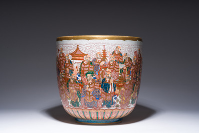 Two Japanese Imari 'fauna and flora' dishes and a ko-Kutani style 'one hundred faces' jardini&egrave;re, marked Kutani Akiyama, Meiji, 19th/20th C.