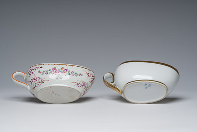 Thirteen Belgian and French gilt and polychrome decorated porcelain pharmacy jars and two bourdalous, 19th C.