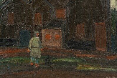 Alphons Vermeir (1905-1994): Man met zijn hond op weg naar huis, olie op board