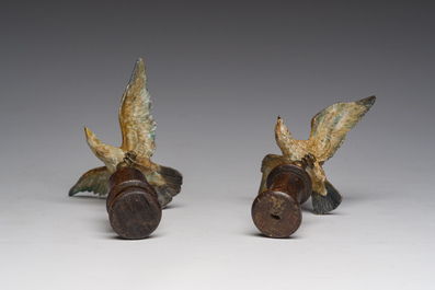 Een paar Weense polychroom koud beschilderd bronzen modellen van arenden op een houten voet, 19de/20ste eeuw