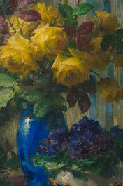 Frans Mortelmans (1865&ndash;1936): 'Yellow roses in blue vase, blue violets in low vase on table', oil on canvas