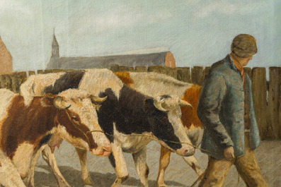 Belgische school: Boer op weg met zijn kudde koeien &amp; R. Van Haver: Zicht op een dorpsplein in wintertijd, olie op doek, 20ste eeuw