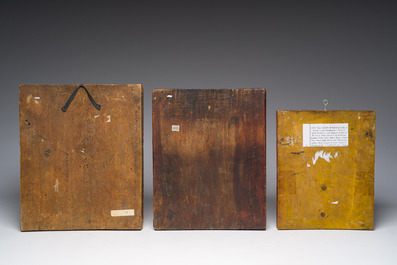 Drie Russisch-orthodoxe iconen, 'Moeder Gods, vreugde voor alle lijdenden', 'Moeder Gods Bogolyubovo' en 'Philoxenie van Abraham', 19de eeuw