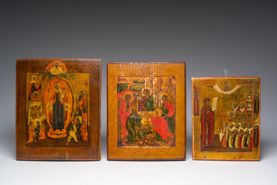 Drie Russisch-orthodoxe iconen, 'Moeder Gods, vreugde voor alle lijdenden', 'Moeder Gods Bogolyubovo' en 'Philoxenie van Abraham', 19de eeuw