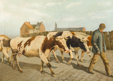 Belgische school: Boer op weg met zijn kudde koeien &amp; R. Van Haver: Zicht op een dorpsplein in wintertijd, olie op doek, 20ste eeuw