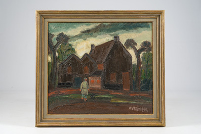 Alphons Vermeir (1905-1994): Man met zijn hond op weg naar huis, olie op board