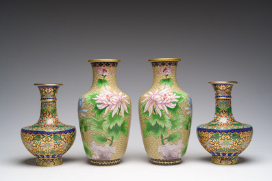 A varied collection of Chinese cloisonn&eacute; vases with floral design, 20th C.